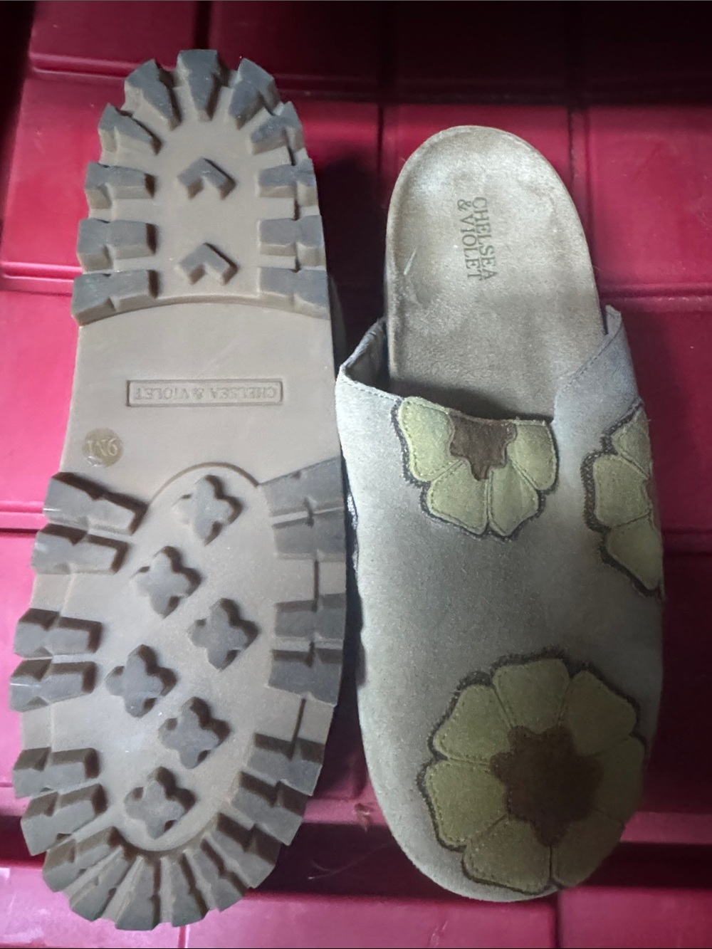 Chelsea & Violet Taupe Suede Slip-On Clogs with Yellow Floral Appliqués - Picture 2 of 2